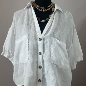 Zara White Linen Blend Button Up Blouse Women’s Medium Short Sleeve Oversized